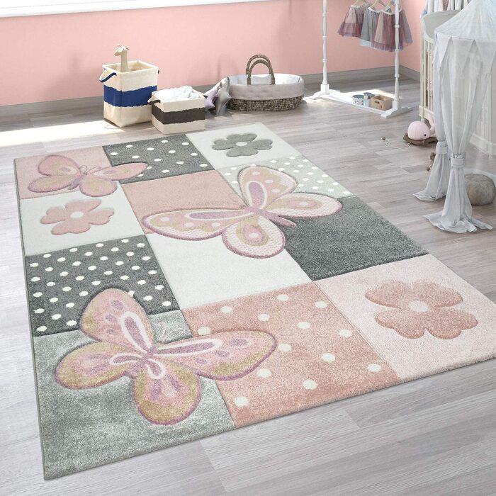 Домашній дитячий килим Paco для дитячої кімнати, різнокольорові рожеві метелики, картатий візерунок, точкові квіти, розмір (діаметр 120 см круглий)