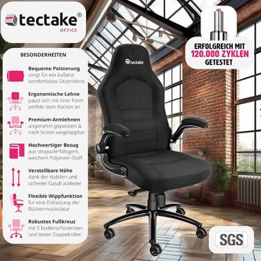 Офісний крісло tectake з регульованими підлокітниками та функцією гойдання, обертовий крісло з регулюванням висоти та роликами, крісло для керівника з тканинним покриттям, ергономічне офісне крісло, комп'ютерне крісло - чорне