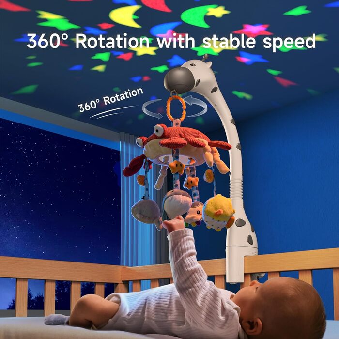 Мобіль для ліжечка TUMAMA з музикою та світлом, обертається, знімається, для дітей 0-12 місяців (білий)