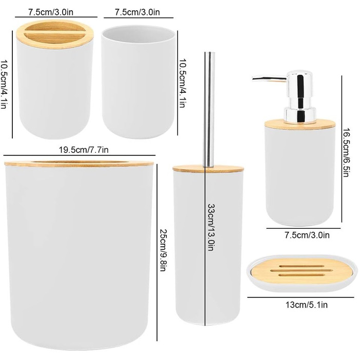 Діош 6 шт. Бамбуковий набір для ванної кімнати мильниця, тримач для зубних щіток, дозатор, кружка, пляшка (біла)