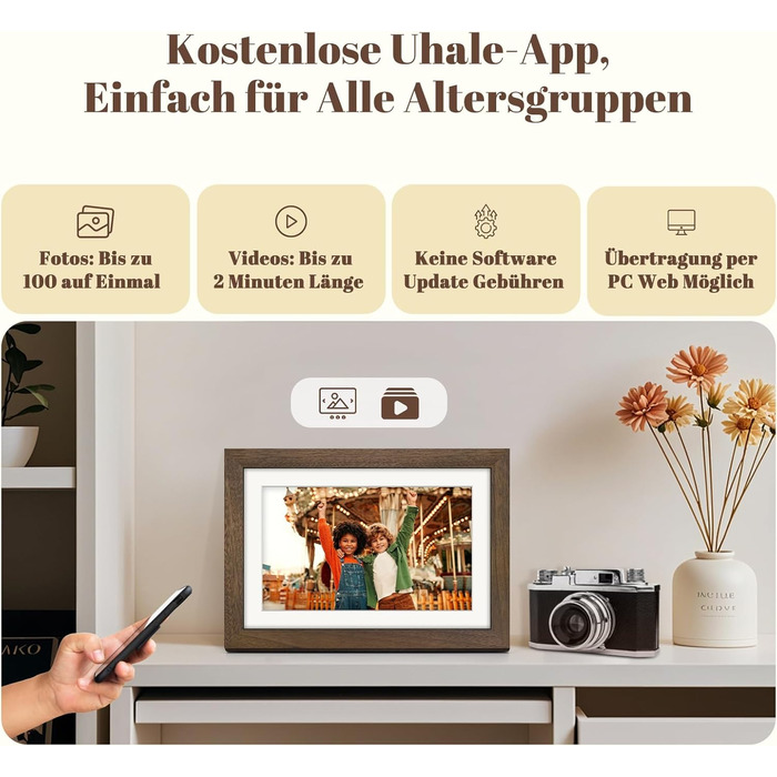 Цифровий фоторамка Eptusmey 10.1 дюймів з Wi-Fi, дерев'яний корпус з дуба, 32GB, HD IPS сенсорний екран 1280x800, відтворення фото/відео через Uhale APP, подарунок для чоловіків та жінок, колір A-Білий