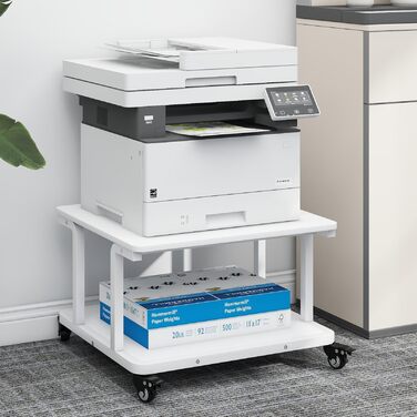 Стіл для принтера PUNCIA з 2 рівнями, мобільний, 60x50 см, білий. Підходить для принтера, сканера, копіювальника.