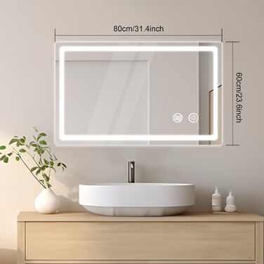 LED дзеркало для ванної кімнати KLGFI з підсвічуванням, сенсорним вимикачем та функцією запобігання запотіванню, 50x70 см