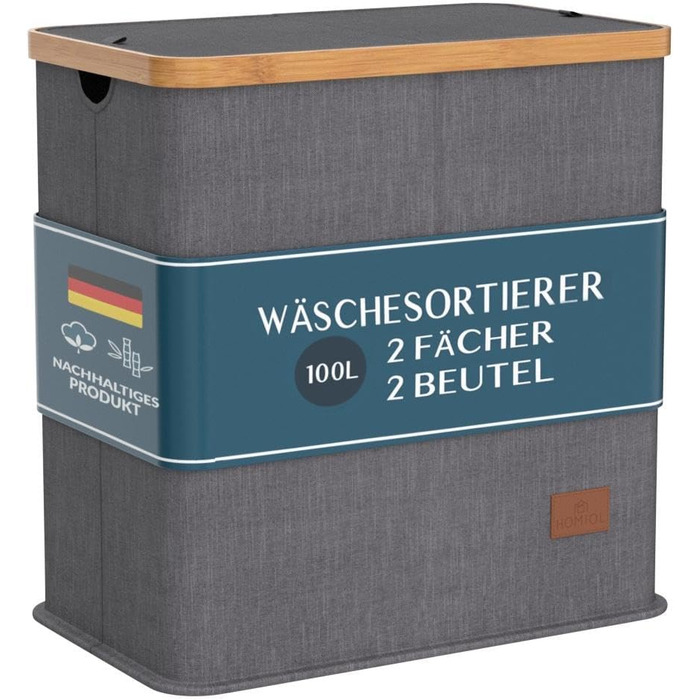 Кошик для білизни HOMIOL з кришкою, 100 літрів, XXL - 2 знімні мішки для білизни з 2 відділеннями