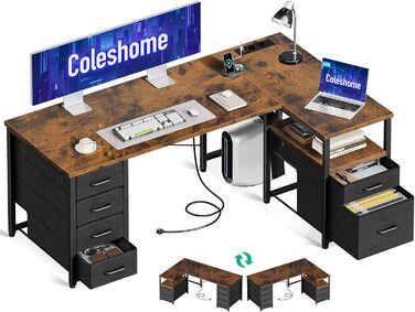 Комп'ютерний стіл Coleshome L-подібний з висувними ящиками з тканини, USB-роз'ємом та розеткою, для дому та офісу (Колір: Коричневий, 140x70 см)