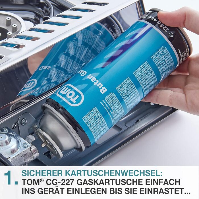 Газовий наметний котел TOM Adventure з нержавіючої сталі (4 картриджі, кейс) – Piezo запалювання, 1 конфорка