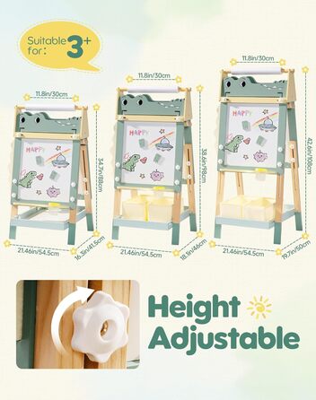 Мольберт для малювання ROBOTIME Alligator – 3-в-1, регульована висота, дерев'яний мольберт з магнітною дошкою, крейдяною дошкою та держателем для рулонів паперу, дитяча арт-станція для хлопчиків та дівчаток