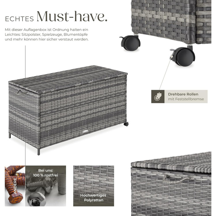 Скриня для саду Tectake з ротангу (поліротанг) чорна, 297л, 117x54x64 см - водонепроникна, з кришкою, на колесах, для тераси, балкону