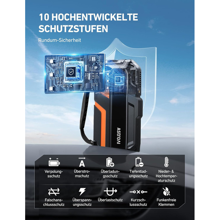 Powerbank AstroAI MF16 6000A з компресором 150PSI: старт для авто, мото, SUV (12V, 10L бензин/8L дизель), LED-дисплей, помаранчевий