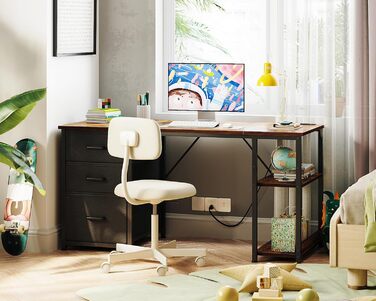 Комп'ютерний стіл Coleshome з ящиками з тканини, 130x48 см, з 2 розетками та 2 USB-портами, з полицею, для офісу/вітальні, коричневий, 130x48x75.7 см