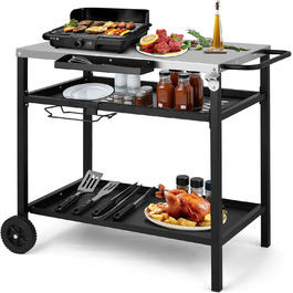 Гриль-візок LEADZM: гриль-стіл для вулиці, 95 x 45 x 83 см, стіл з нержавіючої сталі срібного кольору, на колесах, мобільний, сервісний візок для садів, чорний (97x51x83 см)