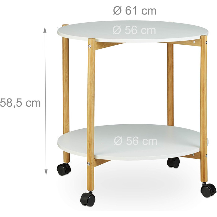 Журнальний столик Relaxdays з колесами, круглий журнальний столик, 2 яруси, мобільний, білий, 6658.5 см