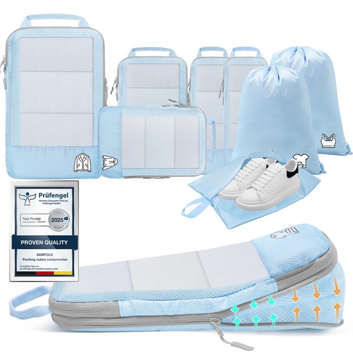 Набір компресійних органайзерів для подорожей Packing Cubes, 8 предметів, для валізи та рюкзака, світло-блакитний