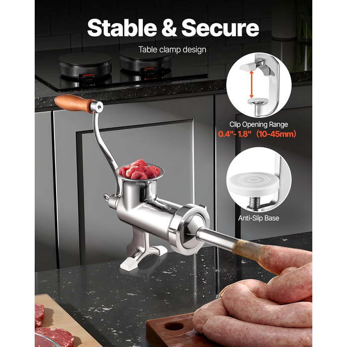 М'ясорубка ручна VEVOR з нержавіючої сталі 304, насадки 4.5/8 мм, для фаршу та ковбас, срібляста (#10)