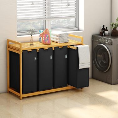Кошик для білизни AdelDream Premium 200L з 4 відділеннями, висувний мішок для білизни з бамбуковим каркасом, бежевий, для ванної кімнати та спальні