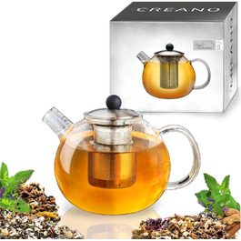 Скляний чайник Creano 1.3 л, скляний чайник із 3 частин із вбудованим ситечком з нержавіючої сталі та скляною кришкою, ідеально підходить для приготування чаю оптом, без крапель, все в одному (1,0 л)