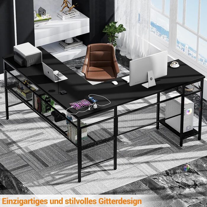 L-подібний ігровий стіл, 141x117x76 см, з полицею, для дому, офісу, навчання, ігор, чорний