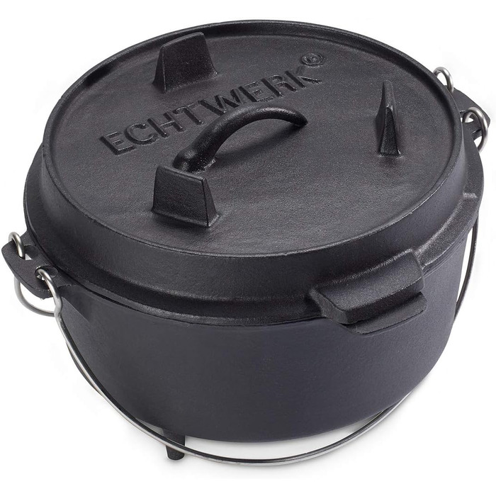 Нідерландський казанок Echtwerk Dutch Oven з чавуну, 4.9 л, готовий до використання, кришка-сковорода, для гриля, чорний, лімітована серія
