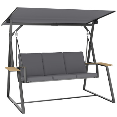 Гойдалка садова для трьох осіб з регульованим дахом, подушками та підставками для напоїв, вантажопідйомність 360 кг, сіра