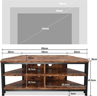Тумба під телевізор кутова Dripex з LED підсвіткою, дерев'яний стиль, металевий каркас, індустріальний дизайн 106x36x45.5 см