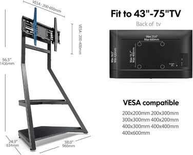 Тумба під телевізор FITUEYES на 43-75 дюймів, регульована по висоті, поворотна, нахил, серія Eiffel Black