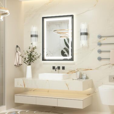 Дзеркало для ванної кімнати Keonjinn з підсвічуванням, металевий каркас 50x70 см, антизапар, LED, сенсорне управління, 3 кольори, регулювання яскравості, функція пам'яті, настінне дзеркало (Чорний, 80x60 см)