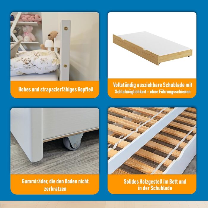 Ліжко дитяче Вробель Kinderbett 90x200 см з 2 ящиками та ламелями - односпальне ліжко з масиву сосни - ліжко Монтессорі для дітей - ліжко-ліжко для підлітків білого кольору - без матрацу