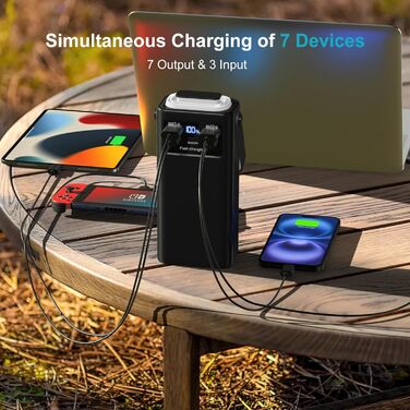 Портативний зарядний акумулятор 60000mAh 45W з LED-дисплеєм та ліхтариком, 7 виходів, чорний. Powerbank для кемпінгу та подорожей