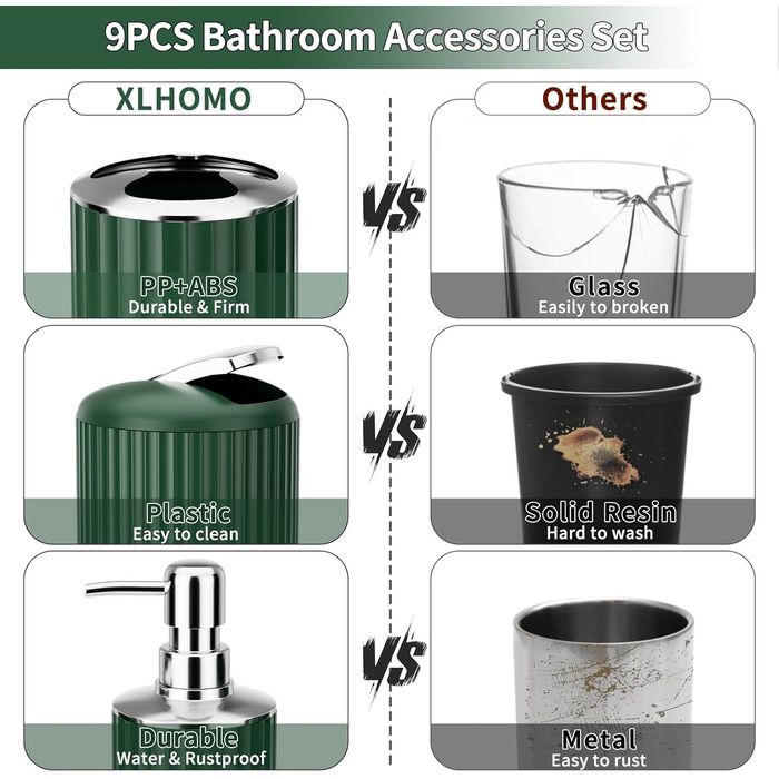 Набір аксесуарів для ванної кімнати 9 шт. Чорний та золотий: смітник, попільниця, диспенсер для мила, мильниця, тримач для зубних щіток, стакан для зубних щіток, щітка для унітазу та контейнер для ватних паличок