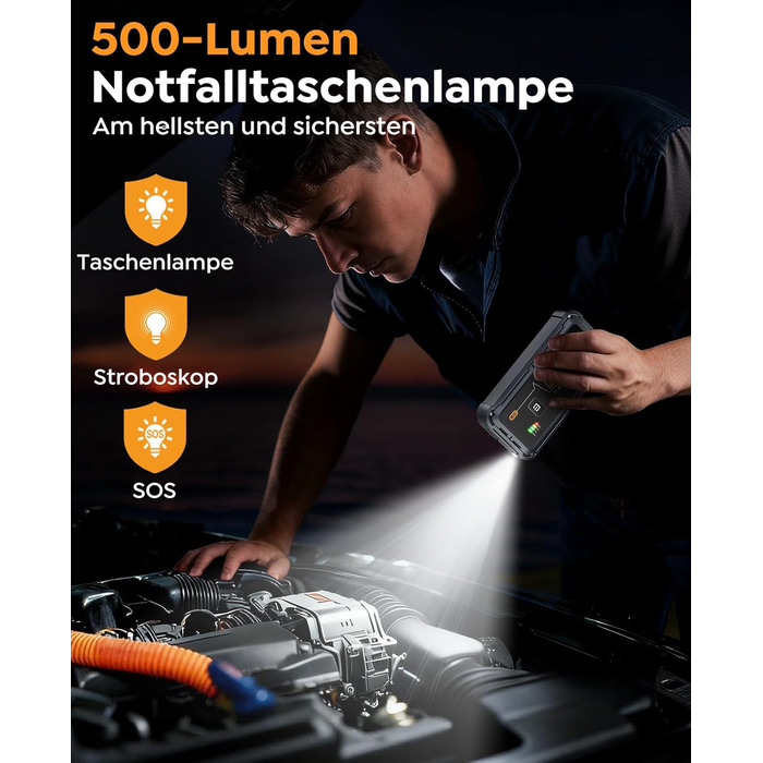 Powerbank для авто 12V Starthilfe 5000A: Зарядний пристрій для автомобіля, SUV, мотоцикла, газонокосарки з LED-ліхтарем