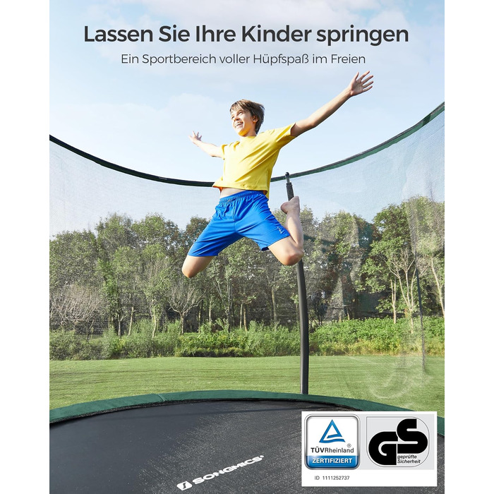 Батут SONGMICS садовий Ø366 см з захисною сіткою, драбиною та м'якими стійками, чорно-зелений