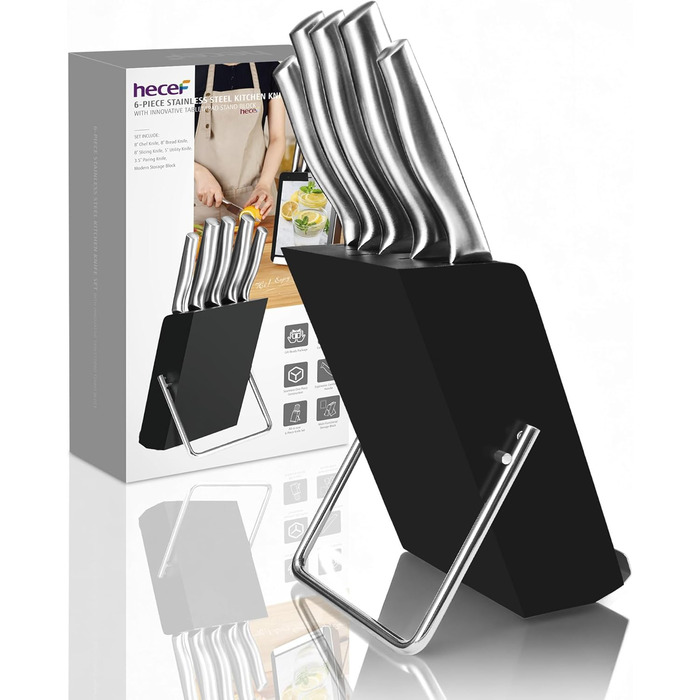 Набір ножів Hecef 6 предметів з підставкою, нержавіюча сталь, кухонні ножі, ергономічні ручки, подарункова коробка