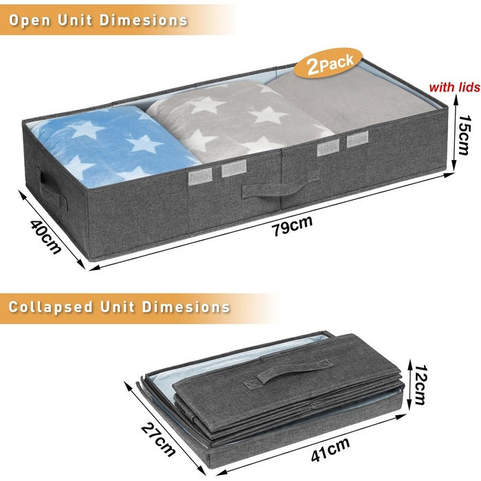 Підліжкове зберігання, 2 упаковки великої підліжкової коробки для зберігання з кришкою, складна коробка для зберігання під ліжком, одяг, коробка для зберігання з ручкою, органайзер для зберігання під ліжком