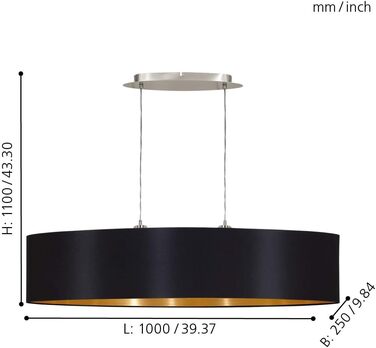 Підвісний світильник EGLO Maserlo, текстильний підвісний світильник на 2 полум'я, овальний підвісний світильник зі сталі та тканини, колір матовий нікель, чорний, золотий, цоколь E27, L 100 см Підвісний світильник, довжина 1 000 мм