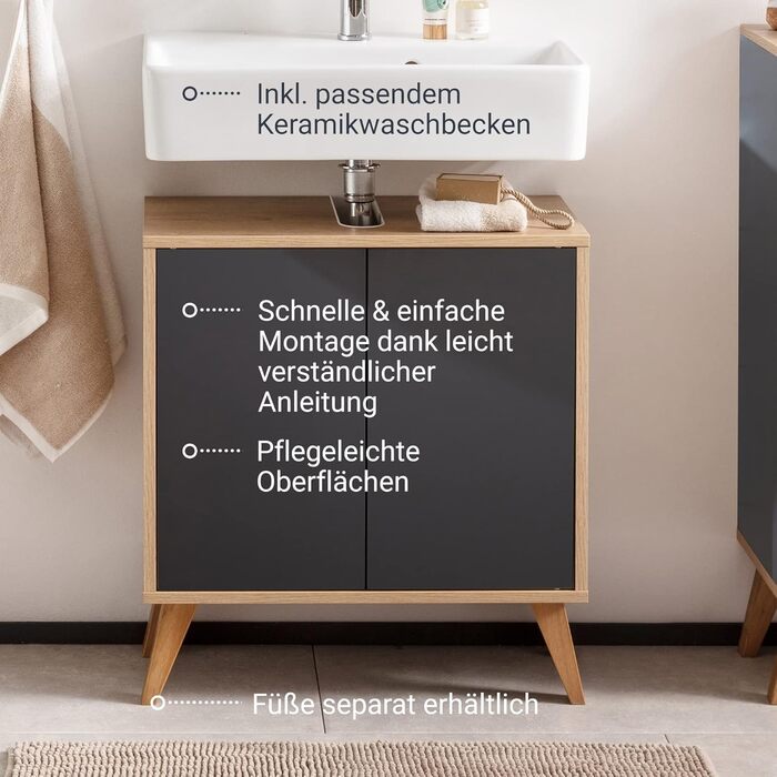 Тумба під раковину FACKELMANN Finn, коричневий світлий, 60 см, ретро стиль, Push-to-Open, без ручок, Made in Germany (Антрацит, тумба + раковина)