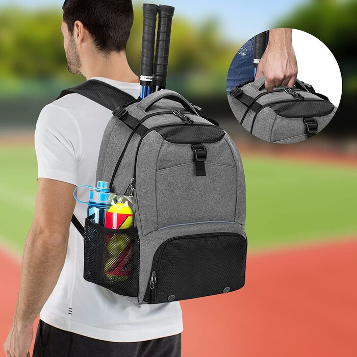 Тенісний рюкзак DSLEAF на 2 ракетки, Тенісна сумка з окремим провітрюваним місцем для взуття для ракеток для тенісу / піклболу / бадмінтону / сквошу та аксесуарів Сірий