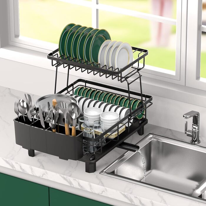Сушарка для посуду ROTTOGOON розширювана, 2-ярусна, чорна: нержавіюча сталь, з висувним носиком та відділенням для столових приборів