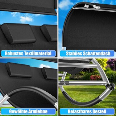 Кесер® Подвійна шезлонг для відпочинку з сонцезахисним дахом, подушкою для голови та кишенею для 2 осіб, чорний