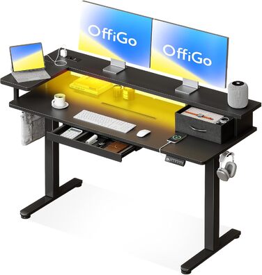 Регульований стіл OffiGo 140x60 см з L-подкоркой, USB-роз'ємом та висувною шухлядою. Чорний колір.