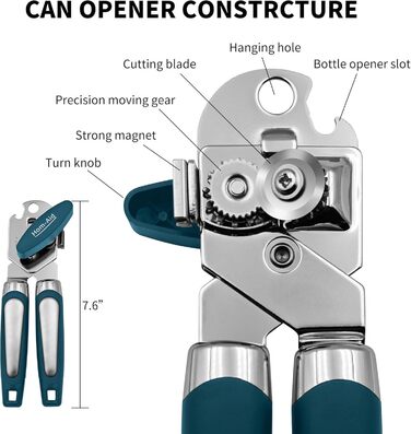Ручний відкривач консерв з магнітом, багатофункціональний, з відкривачем для пляшок, з нержавіючої сталі, зручна ручка (блакитний)