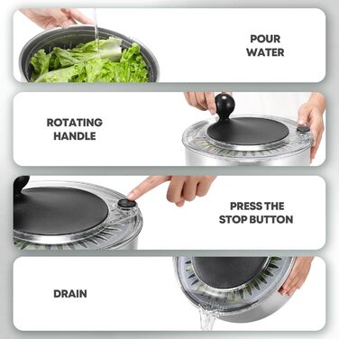 Салатниця-віджимник 5л з нержавіючої сталі з кнопкою стоп, BPA-Free, прозора кришка та отвори для зливу, неслизьке дно, придатна для миття в посудомийній машині
