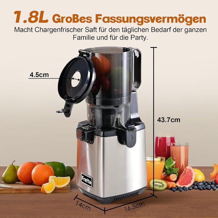 Електрична холодний соковичавниця Fretta Slow Juicer з нержавіючої сталі, 250W, з функцією реверсу, BPA Free