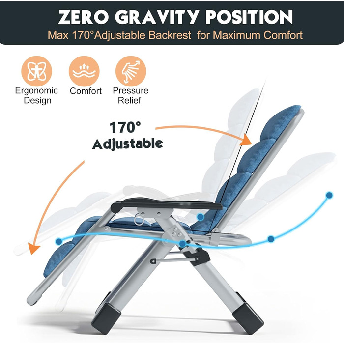 Лежак для відпочинку MOPHOTO Zero Gravity, розкладний, 200 кг, з подушкою та кишенею, для саду, балкону, тераси (Морська блакить)