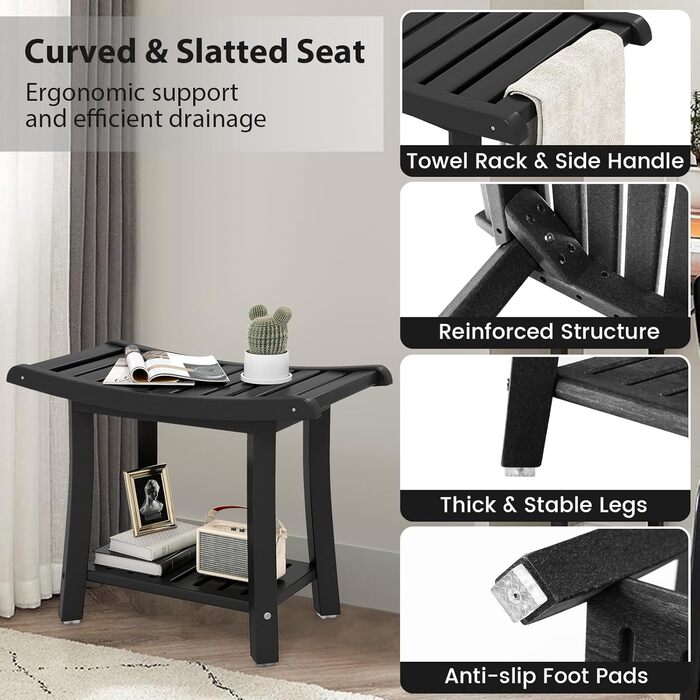 Двомісний стілець для душу HOMASIS з полицею, витримує до 170 кг, з HDPE, з 2 ручками та антиковзними накладками, для літніх людей та дорослих (Чорний)