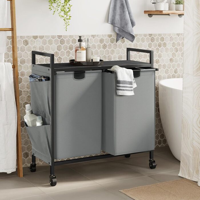WOWLIVE Кошик для білизни з кришкою та колесами, сірий, 110л. З верхньою полицею та 2 знімними мішками для сортування