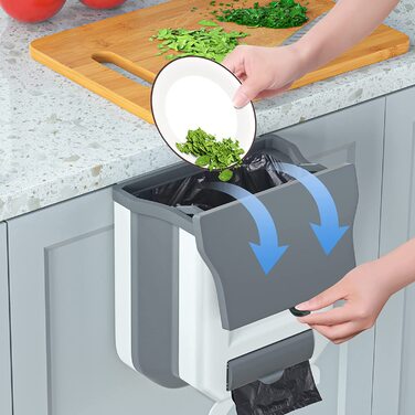 Складаний підвісний сміттєвий бак Gintan з кришкою для кемпінгу на кухні, складаний сміттєвий бак об'ємом 2,4 галона для кухні, підвісний сміттєвий бак, кухонний сміттєвий бак для кухні / кемпінгу / автомобіля / ванної кімнати / офісу / спальні (сірий)