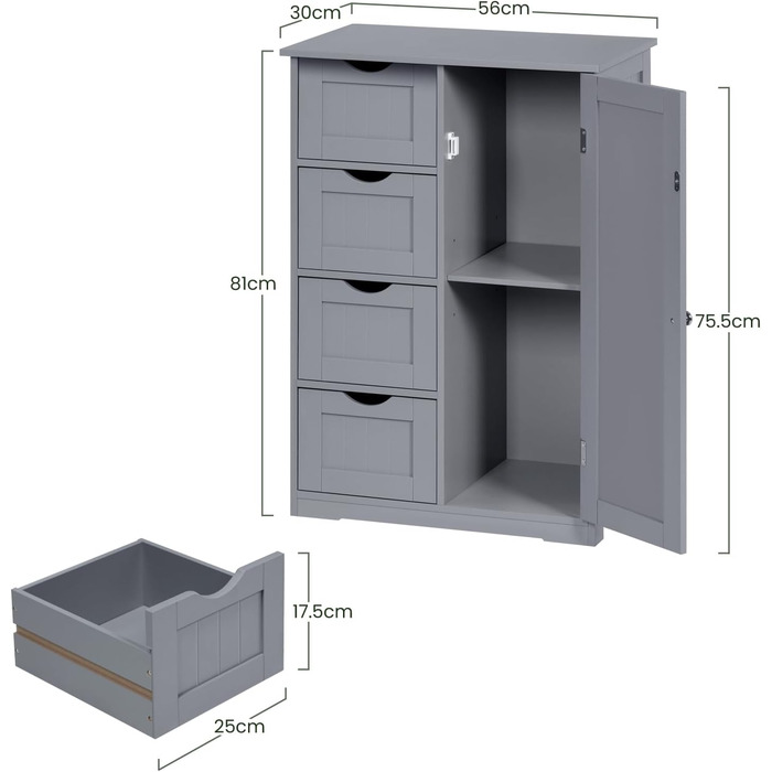 Тумба для ванної кімнати, 3 ящики, 1 полиця, 60x830 см, Сірий