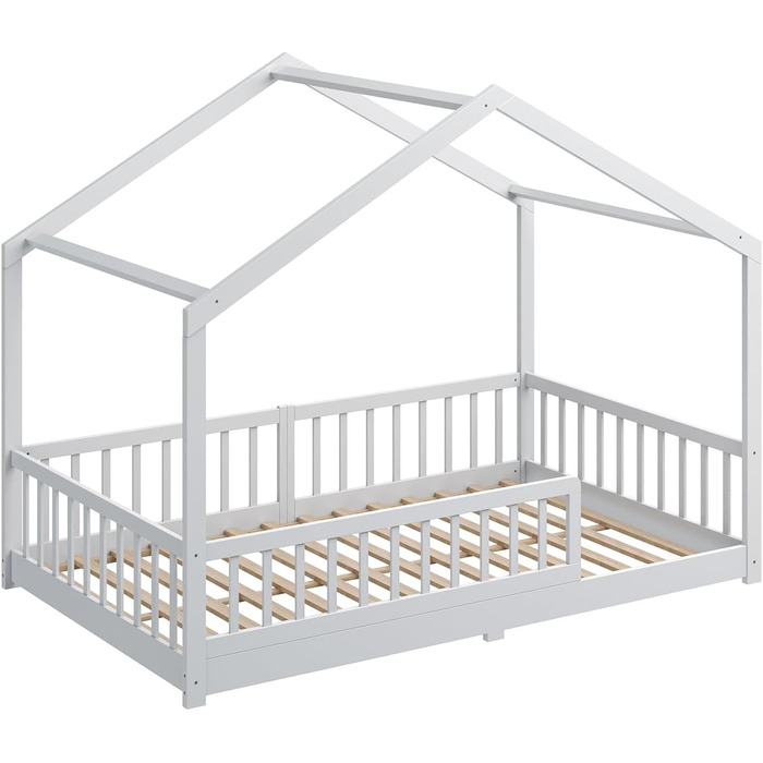 Ліжко-дитяча хатинка CADANI Malte, 120x200 см, білий колір, Montessori, з бортиками, трансформується, з ламелями, до 200 кг