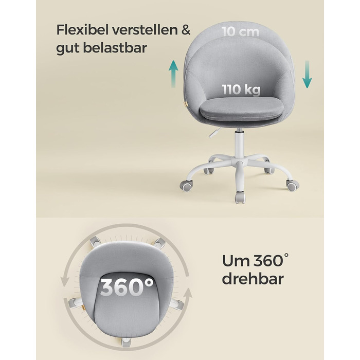 Крісло SONGMICS для офісу та дому, крісло для макіяжу з велюру, регульоване по висоті, сіре, OBG020G04