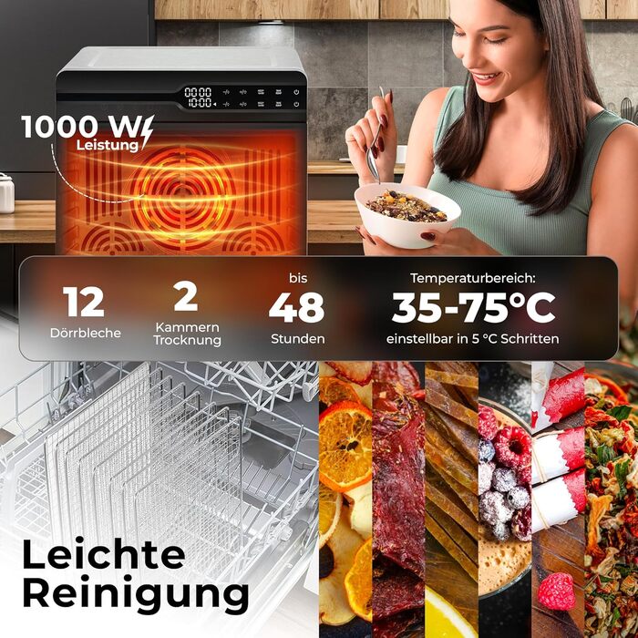 Електрична сушарка для фруктів та овочів Balter з нержавіючої сталі, 12 ярусів, 1100 Вт, 70 л, 12000 см² поверхні сушіння, BPA-free, 35–75 °C, таймер до 72 год, 2 камери